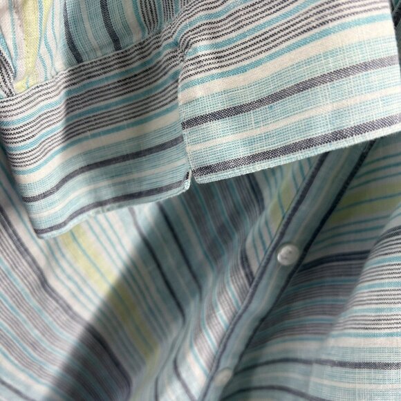 Chico's Women's Tunic Blouse Size Large Linen Blue Green Stripe 100% No Iron 3/4 - Picture 3 of 8